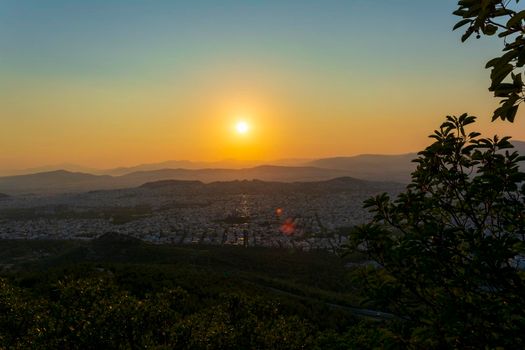 Sunset panoramic view of Athens from the hymettus mountain, Greece.