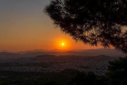 Sunset panoramic view of Athens from the hymettus mountain, Greece.