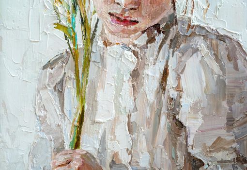 Girl with a flower in her hand on a white background. Oil painting on canvas.