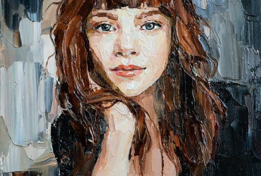 Close-up portrait of a girl. Oil painting on canvas.