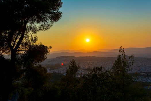 Sunset panoramic view of Athens from the hymettus mountain, Greece.