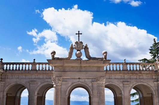 Montecassino-Italy-August 29 -2021 Cloister of  Bramante with loggia of Paradise  in Montecassino Abbey - Italy -