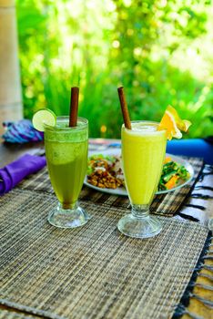 Healthy organic drinks served with traditional Bali food