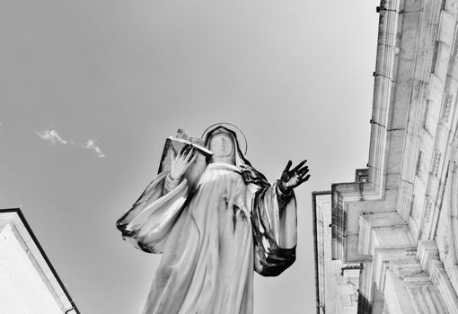 Montecassino Abbey -Italy - August 29 -2021-statue of St. Scolastica in Bramante cloister , Benedictine monastery 