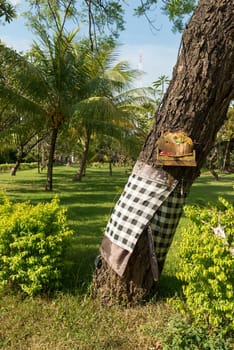 Traditional offerings to gods in a park at Bali