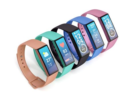 Row of five smartwatches with different colors on white background