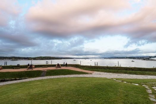 Oslo, Norway. September 2021. panoramic view of the fjord from the park of the Akershus Fortress in the city center