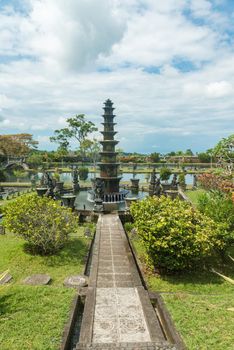 Tirtagangga water palace with fountains and ponds on Bali, Indonesia