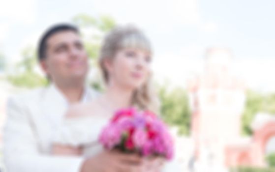 Wedding style abstract blur background bride and groom with bokeh