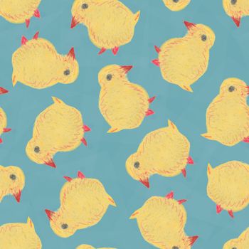 Cute Cartoon Hand Drawn Seamless Pattern With Little Yellow Chick. Funny Easter Watercolor Chicken on Blue Background.