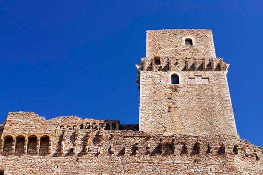 Assisi, Italy ,  tower of Rocca Maggiore fortress reconstructed in 1356, medieval military architecture