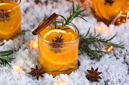 Negroni cocktail. Bourbon with cinnamon with oranges juice and star anise.The perfect cozy cocktail for chilly December evenings.