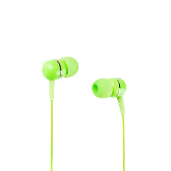 Green headphones closeup shot over white background