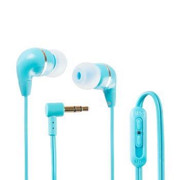 Blue headphones with volume control over white background