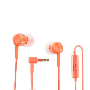 Red headphones with volume control over white background