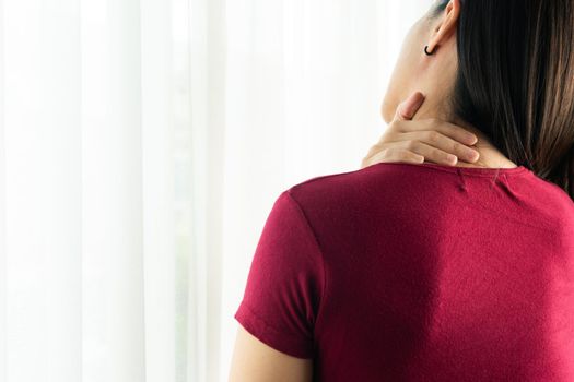 young women neck and shoulder pain injury, healthcare and medical concept