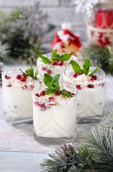 White Christmas mojito made from liqueur, tequila, coconut milk with pomegranate seeds, coconut flakes and refreshing mint.