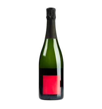 Champagne bottle with red lable isolated on white background