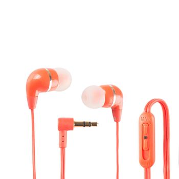 Red headphones with volume control over white background