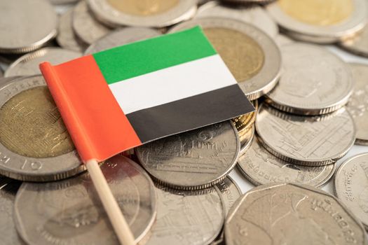 United Arab Emirates flag on coins background, finance and accounting, banking concept.