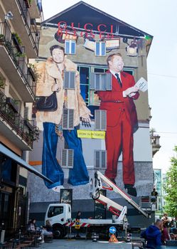 Milan, Italy - June 30: View of the Belowed show; the murales of Harry and James Corden by Harmony Korine at Gucci Wall of Milan on June 30, 2021