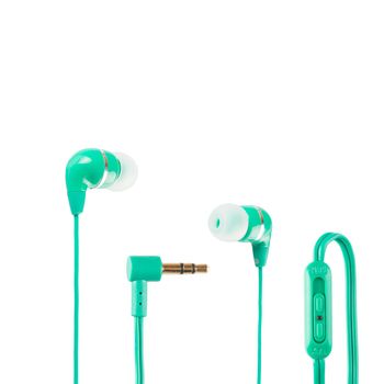 Green headphones closeup shot over white background