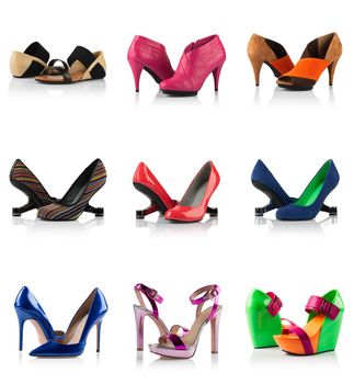 Collection - various types of female shoes over white