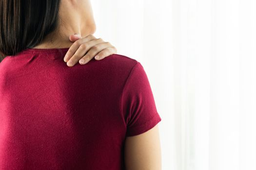 young women neck and shoulder pain injury, healthcare and medical concept