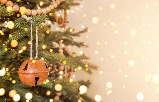 Christmas tree decorated in scandinavian style and defocused lights. Stock photo with copy space.