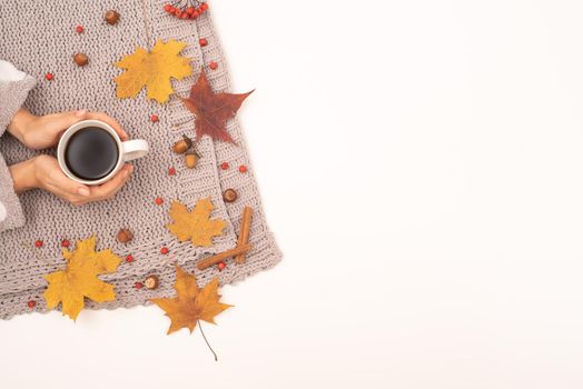 Autumn flat lay. Maple leaves, acorns on a gray blanket. A woman is holding a cup of black coffee.