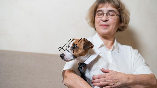 An elderly caucasian woman is holding a smart dog Jack Russell Terrier wearing glasses and a tie.