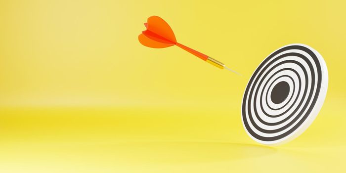Dart arrow hitting to center on bullseye (bull's-eye) dartboard is target of purpose challenge business on yellow background, expert marketing strategy target, objective goal success, 3D rendering