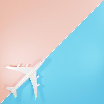Top view Airplane during landing or taking off over ground on runway from the airport, Large jet plane takeoff on pink and blue background, business travel flight concept, 3D rendering illustration