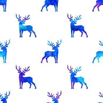 Reindeer XMAS watercolor Deer Stag eamless Pattern in Blue Color. Hand Painted Animal Moose background or wallpaper for Ornament, Wrapping or Christmas Gift.