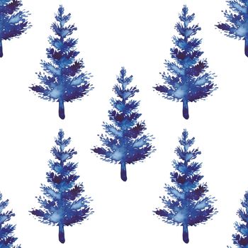 XMAS watercolor Fir Tree Seamless Pattern in Blue Color. Hand Painted Spruce Pine tree background or wallpaper for Ornament, Wrapping or Christmas Decoration.