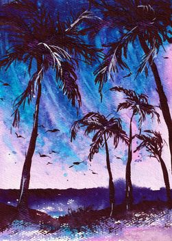 Palm Trees Watercolor Illustration Original Art Tropical Beach Artistic Painting at the paper. Sunset in Violet Black and Blue Colors. Can be used for Wallpaper Print and Background.