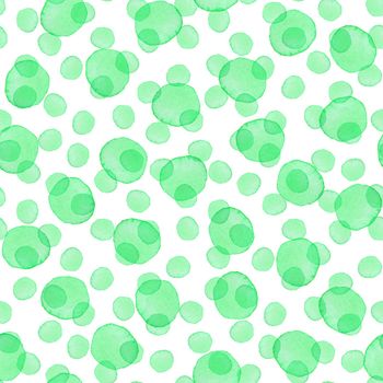 Hand Painted Brush Polka Dot Seamless Watercolor Pattern. Abstract watercolour Round Circles in Green Color. Artistic Design for Fabric and Background.