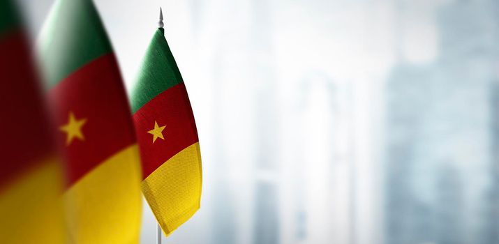 Small flags of Cameroon on a blurry background of the city.