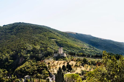 Assisi, Italy , Rocca Minore medieval military architecture once connected by walkable walls to Rocca Maggiore