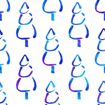 XMAS watercolour Fir Tree Seamless Pattern in Blue Color on white background. Hand-Painted Watercolor Spruce Pine tree wallpaper for Ornament, Wrapping or Christmas Decoration.