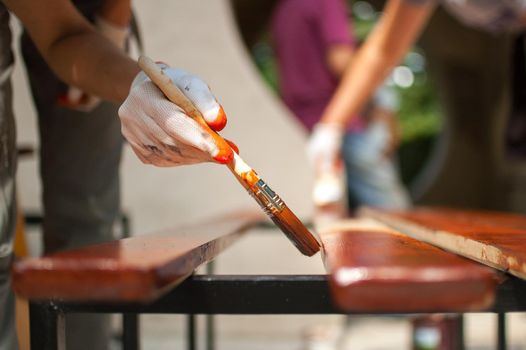 Female worker makes painting works of wooden products, plank with brown paint for making bench, carpenters work, wood covering protection