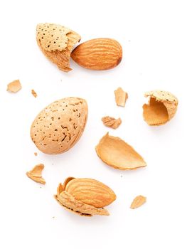 Close up group of almonds nut with shell  and cracked almonds shell isolated on white background.