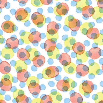 Hand Painted Brush Polka Dot Seamless Watercolor Pattern. Abstract watercolour Round Circles in Red Yellow Blue Color. Artistic Design for Fabric and Background.