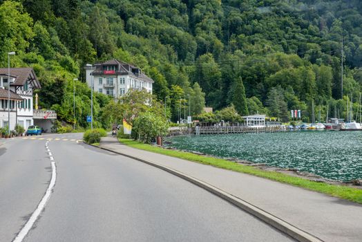 LUCERNE LAKE, SWITZERLAND - AUGUST 5, 2021: Beautiful landscape in Switzerland Alps and Lucerne lake.