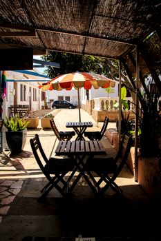 Empty bar terrace in Rodalquilar with beautiful furniture style