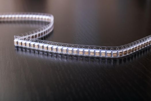 LED strip on a wooden table close up