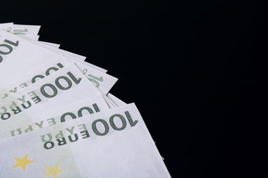 Fanned out bills of one hundred euros, copy space