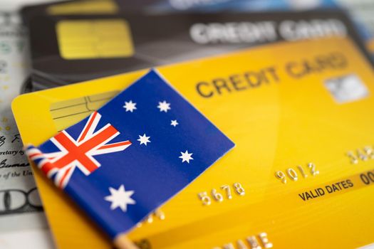 Australia flag on credit card. Finance development, Banking Account, Statistics, Investment Analytic research data economy, Stock exchange trading, Business company concept.
