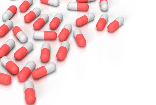 Pills on the white surface with a space for your information. 3D rendering