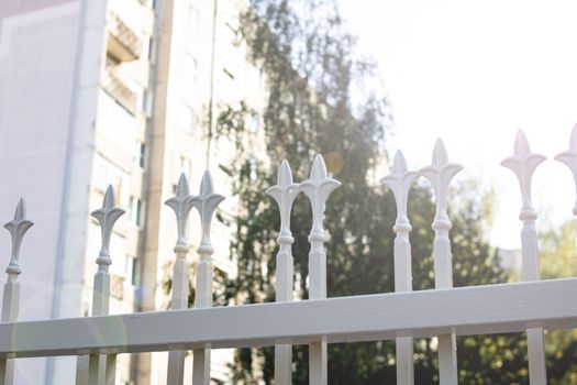 Pattern on a gray wrought iron fence in the sunlight